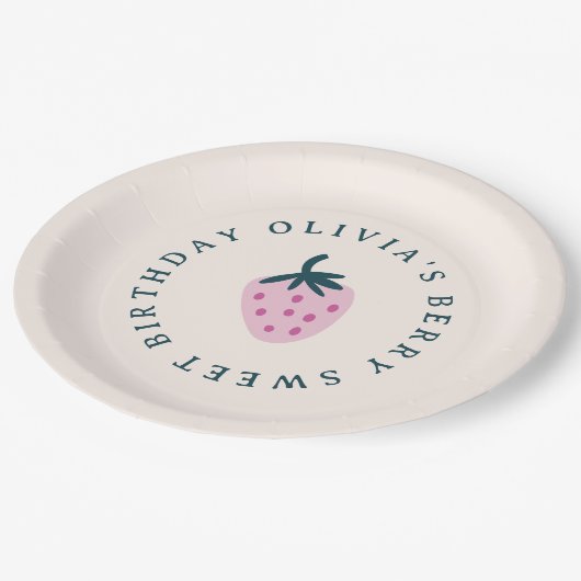 Aardbei roze baby verjaardagsfeestje papieren bordje (Gekanteld)