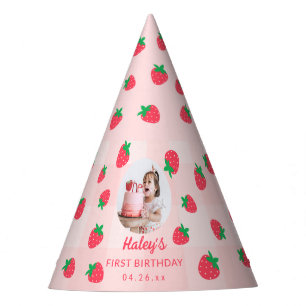 Aardbei Roze Bes Eerste Baby Verjaardag Foto Feesthoedjes