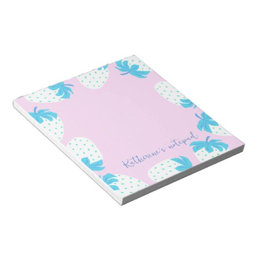 Aardbei roze blauw notitieblok (Schuin)