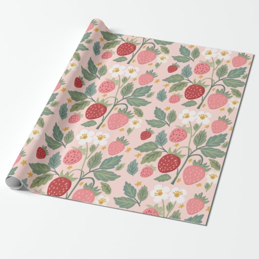 Aardbei Roze botanisch Cadeaupapier (Uitgerold)