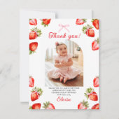Aardbei Roze Bow 1e Verjaardag Bedankt Card (Voorkant)