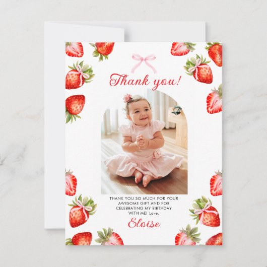 Aardbei Roze Bow 1e Verjaardag Bedankt Card (Voorkant)