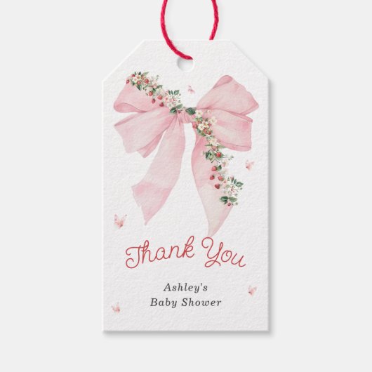 Aardbei Roze Bow Baby shower Dank u Cadeaulabel (Voorkant)