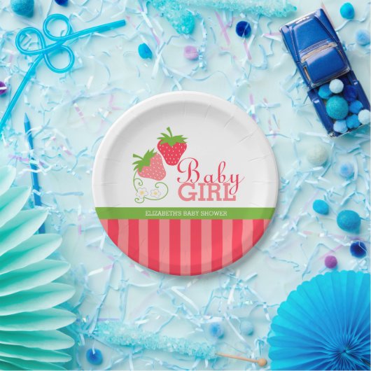 Aardbei Roze en Groen Baby shower Papieren Bordje (Feest)
