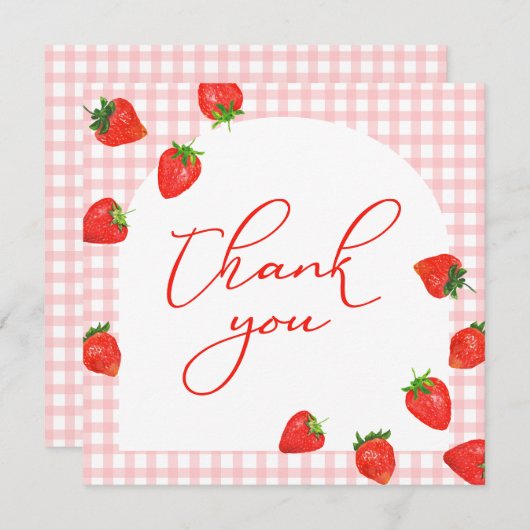 Aardbei roze geruite bes bedankkaart (Voorkant / Achterkant)