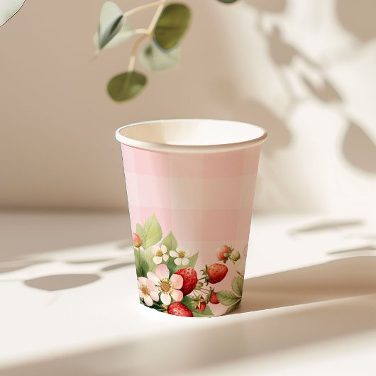 Aardbei roze gingham baby shower papieren bekers