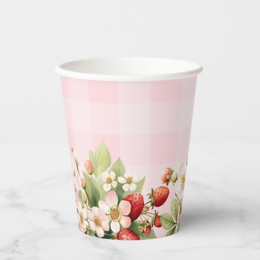 Aardbei roze gingham baby shower papieren bekers (Voorkant)