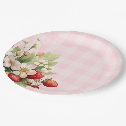 Aardbei roze gingham baby shower papieren bordje (Gekanteld)
