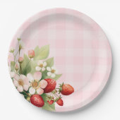Aardbei roze gingham baby shower papieren bordje (Voorkant)