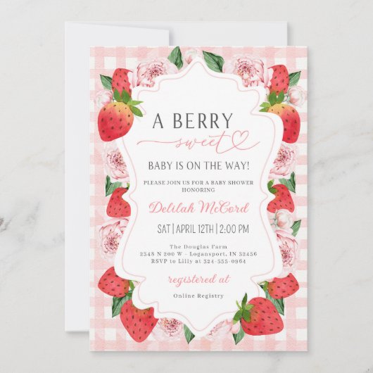 Aardbei Roze Gingham Meisje Baby shower Invite Kaart (Voorkant)