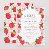 Aardbei Roze Gingham Meisje Baby shower Invite Kaart (Voorkant / Achterkant)