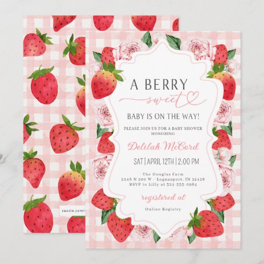 Aardbei Roze Gingham Meisje Baby shower Invite Kaart (Voorkant / Achterkant)