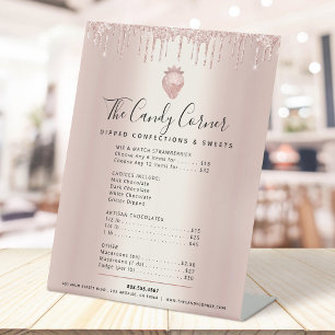 Aardbei Roze Gouden Glitter Drips Menu Prijslijst Reclamebord Met Voetstuk