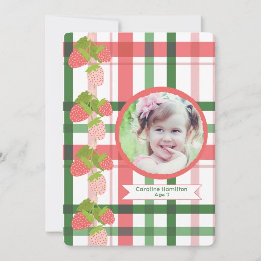 Aardbei Roze Groene Plakken Verjaardag Uitnodiging (Achterkant)