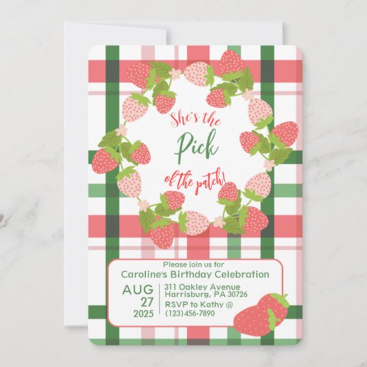 Aardbei Roze Groene Plakken Verjaardag Uitnodiging (Voorkant)