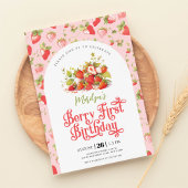 Aardbei roze meisje bessen eerste verjaardag kaart