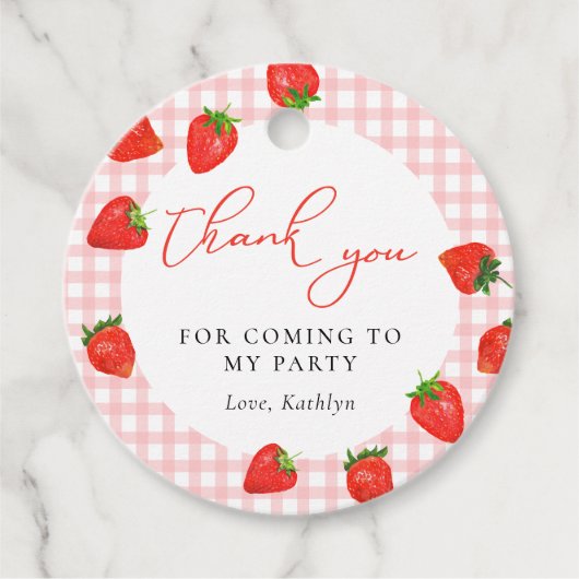 Aardbei Roze Plaid Gingham Verjaardag Dank u Bedankjes Labels (Voorkant)