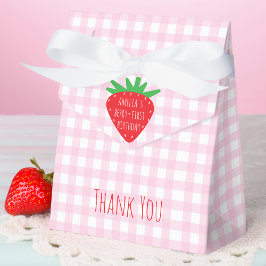Aardbei & Roze Plaid Meisje Bes Eerste Verjaardag Bedankdoosjes