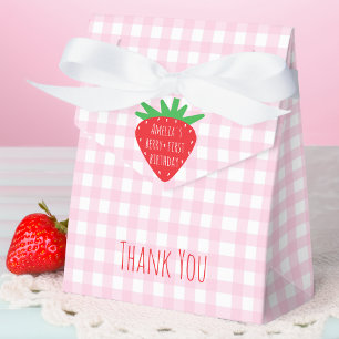 Aardbei & Roze Plaid Meisje Bes Eerste Verjaardag Bedankdoosjes