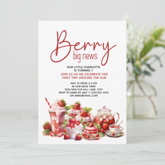 Aardbei roze rode bessen wit 1e verjaardag kaart (Staand voorkant)