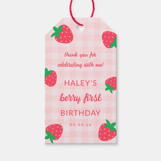 Aardbei Roze Schattige Berry Eerste 1e Baby Verjaa Cadeaulabel (Voorkant)