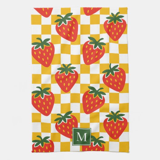 Aardbei Rustieke Boerderij Geruite Monogram Theedoek (Verticaal)