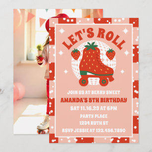 Aardbei Schaatsen   Retro Rolschaatsen Verjaardag Kaart
