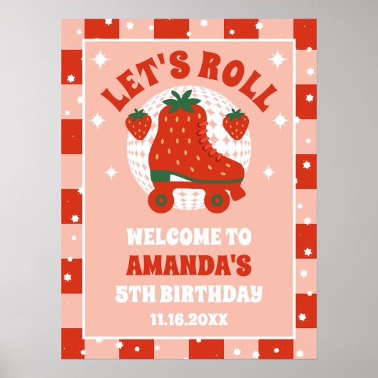 Aardbei Schaatsen | Retro Rolschaatsen Verjaardag Poster (Voorkant)