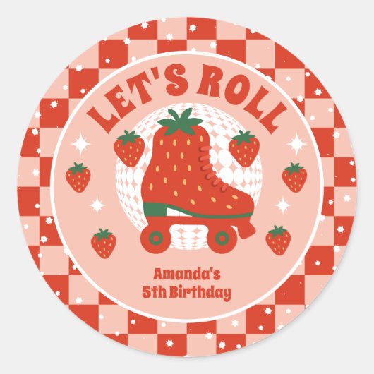 Aardbei Schaatsen | Retro Rolschaatsen Verjaardag Ronde Sticker (Voorkant)
