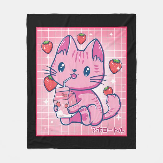 Aardbei Shake Strawberry Milk Cat Kawaii Neko G Fleece Deken (Voorkant)