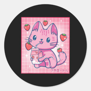 Aardbei Shake Strawberry Milk Cat Kawaii Neko G Ronde Sticker