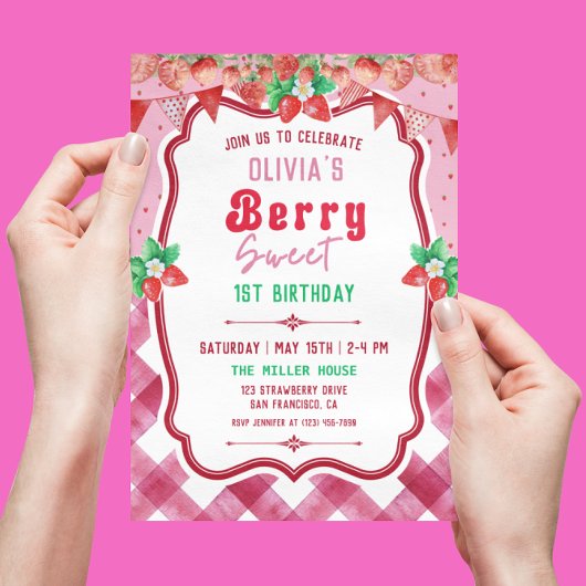 Aardbei Shortcake 1e Verjaardag Meisje Feest Kaart