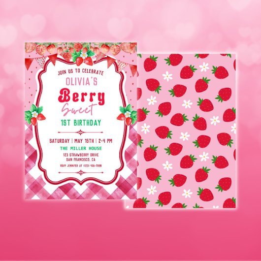 Aardbei Shortcake 1e Verjaardag Meisje Feest Kaart