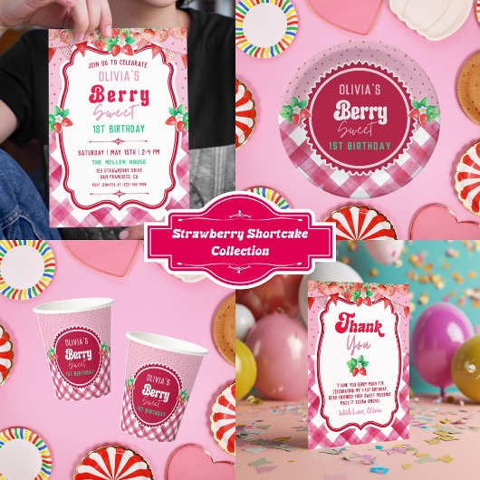 Aardbei Shortcake 1e Verjaardag Meisje Feest Kaart