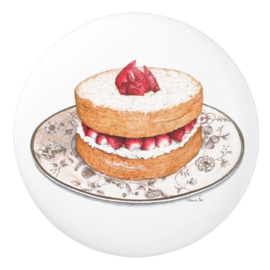  aardbei shortcake dessert rood wit gras keramische knop (Voorkant)