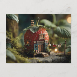 Aardbei Sprookjeshuis met Miniatuur Wasmachine Briefkaart