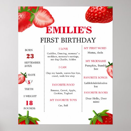 Aardbei Sweet Baby 1e Verjaardag Mijlpaal teken Poster (Voorkant)