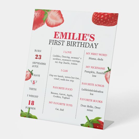 Aardbei Sweet Baby 1e Verjaardag Mijlpaal teken Reclamebord Met Voetstuk (Voorkant)