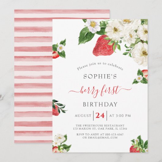 Aardbei Sweet Berry First Birthday Kaart (Voorkant / Achterkant)