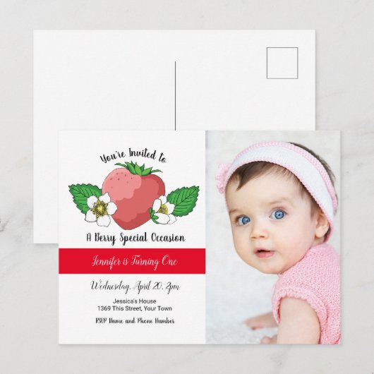 Aardbei Sweet Birthday Uitnodiging (Voorkant / Achterkant)