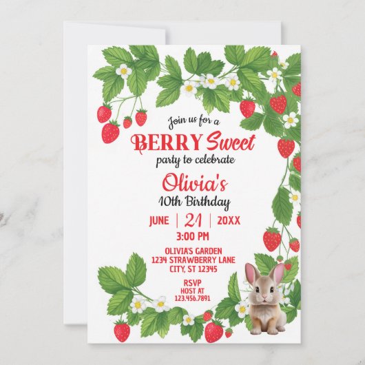 Aardbei Sweet Bunny Verjaardag (Rood & Wit) Kaart (Voorkant)
