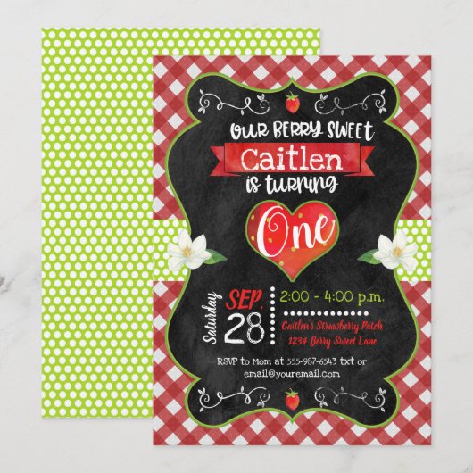 Aardbei Sweet Chalkboard Girl Eerste Verjaardag Kaart (Voorkant / Achterkant)