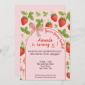 Aardbei Sweet Kids Verjaardag Uitnodiging | Roze (Voorkant / Achterkant)