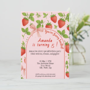Aardbei Sweet Kids Verjaardag Uitnodiging   Roze