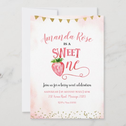 Aardbei Sweet One First Birthday Uitnodiging (Voorkant)