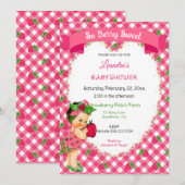 Aardbei thema baby meisje gingham roze groen kaart (Voorkant / Achterkant)