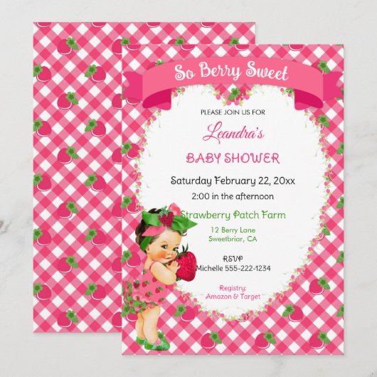 Aardbei thema baby meisje gingham roze groen kaart (Voorkant / Achterkant)