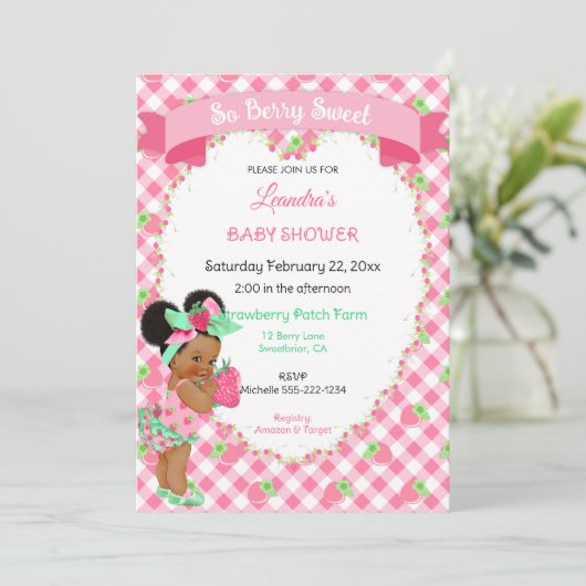 Aardbei Thema Baby Meisje Gingham Roze Mint Kaart (Staand voorkant)