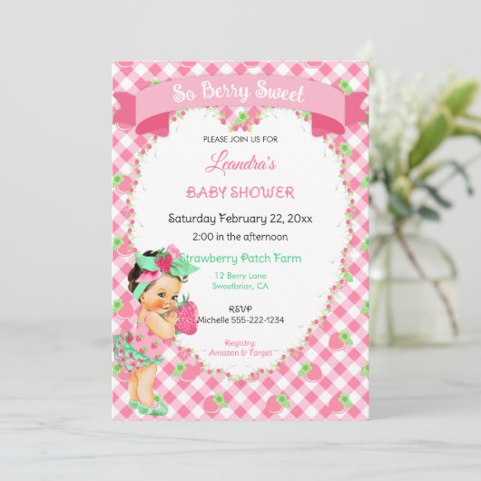 Aardbei Thema Baby Meisje Gingham Roze Mint Kaart (Staand voorkant)