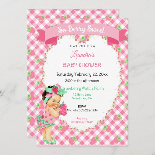 Aardbei Thema Baby Meisje Gingham Roze Mint Kaart (Voorkant / Achterkant)